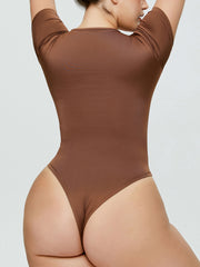 Coffee brown short sleeve bodysuit with scoop neck and thong back.