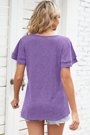 Lavender flutter sleeve henley tee with a rounded neckline and layered sleeves.