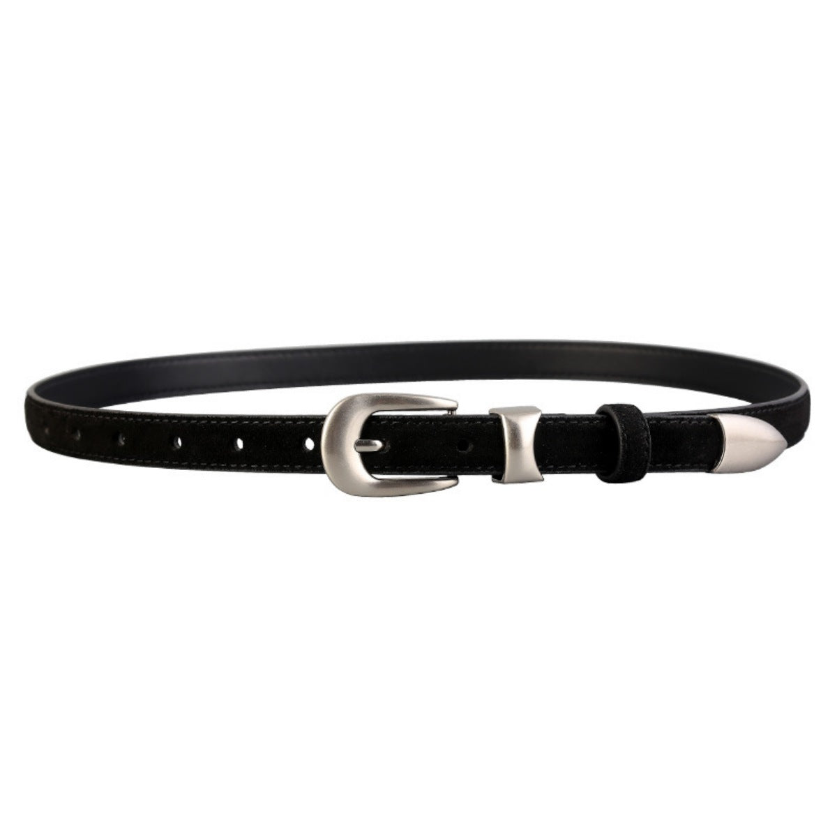 Black leather skinny belt with silver buckle and tip accents