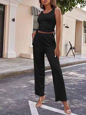 Round Neck Tank Cardigan Pants Set, side view