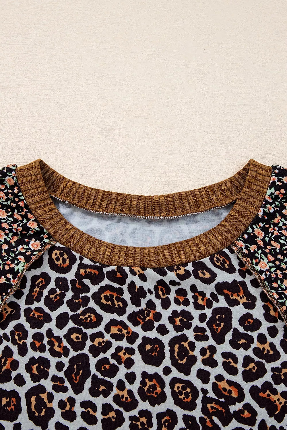 Leopard Floral Print Ribbed Puff Sleeve Sweatshirt in Brown, alternate angle