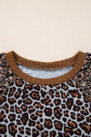 Leopard Floral Print Ribbed Puff Sleeve Sweatshirt in Brown, alternate angle