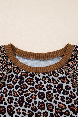 Leopard Floral Print Ribbed Puff Sleeve Sweatshirt in Brown, alternate angle