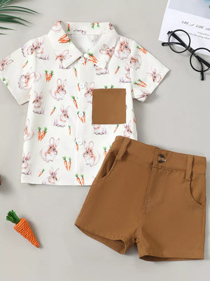 Baby bunny & carrot print button-up shirt with brown shorts set