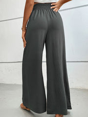 Dark Gray textured smocked waist palazzo maternity trousers with wide legs