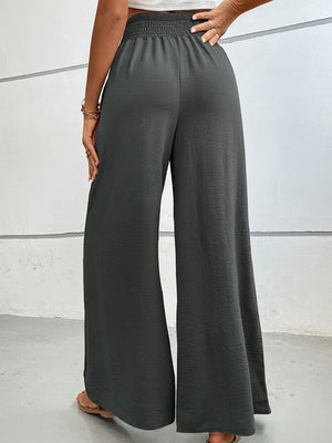 Dark Gray textured smocked waist palazzo maternity trousers with wide legs