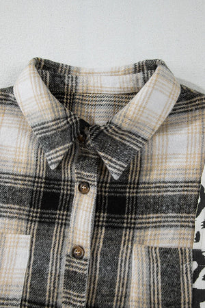 Plaid & leopard panel shacket in dark gray with button front and collar.