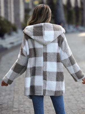 Teddy checkered hooded cocoon coat in charcoal, featuring a plush texture and relaxed fit.