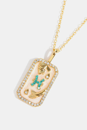 Pisces zodiac sign crystal pendant necklace, 14K gold-plated with aquamarine crystals and rhinestones.