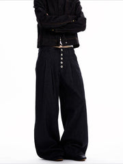 Men's black high-waisted wide leg jeans with button fly and vertical pinstripe detail.