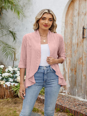 Dusty Pink eyelet cardigan with waterfall front and 3/4 sleeves.