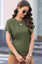 Green cable knit cap sleeve sweater top with crew neck.