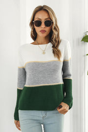Colorblock ribbed boatneck sweater in white, grey, and dark green acrylic with yellow accents.