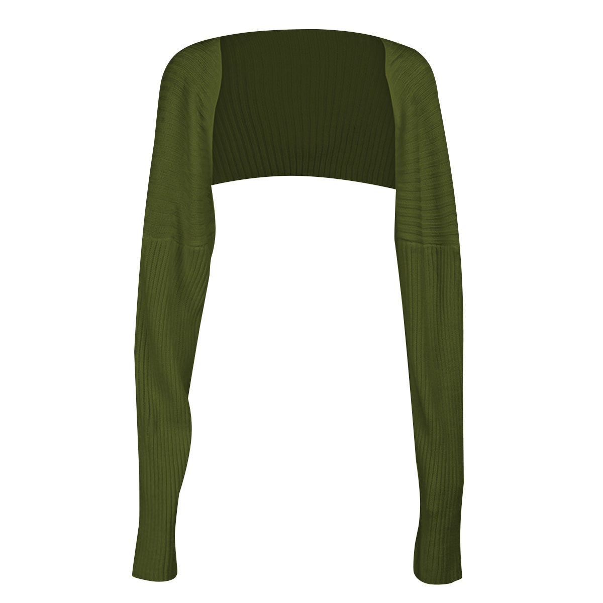 Army green ribbed knit shrug with extended sleeves and a cropped fit