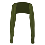 Army green ribbed knit shrug with extended sleeves and a cropped fit