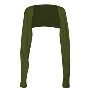 Army green ribbed knit shrug with extended sleeves and a cropped fit