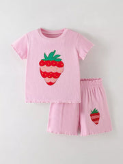 Baby pink cotton graphic tee and ruffled shorts set with strawberry print