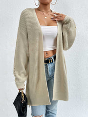 Longline knit open cardigan in Heather Gray with open knit detail on sleeves.