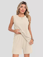 Apricot ribbed knit tank top and shorts set with pockets