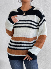 Colorblock stripe knit crewneck sweater in caramel, black, and white acrylic with a relaxed fit.