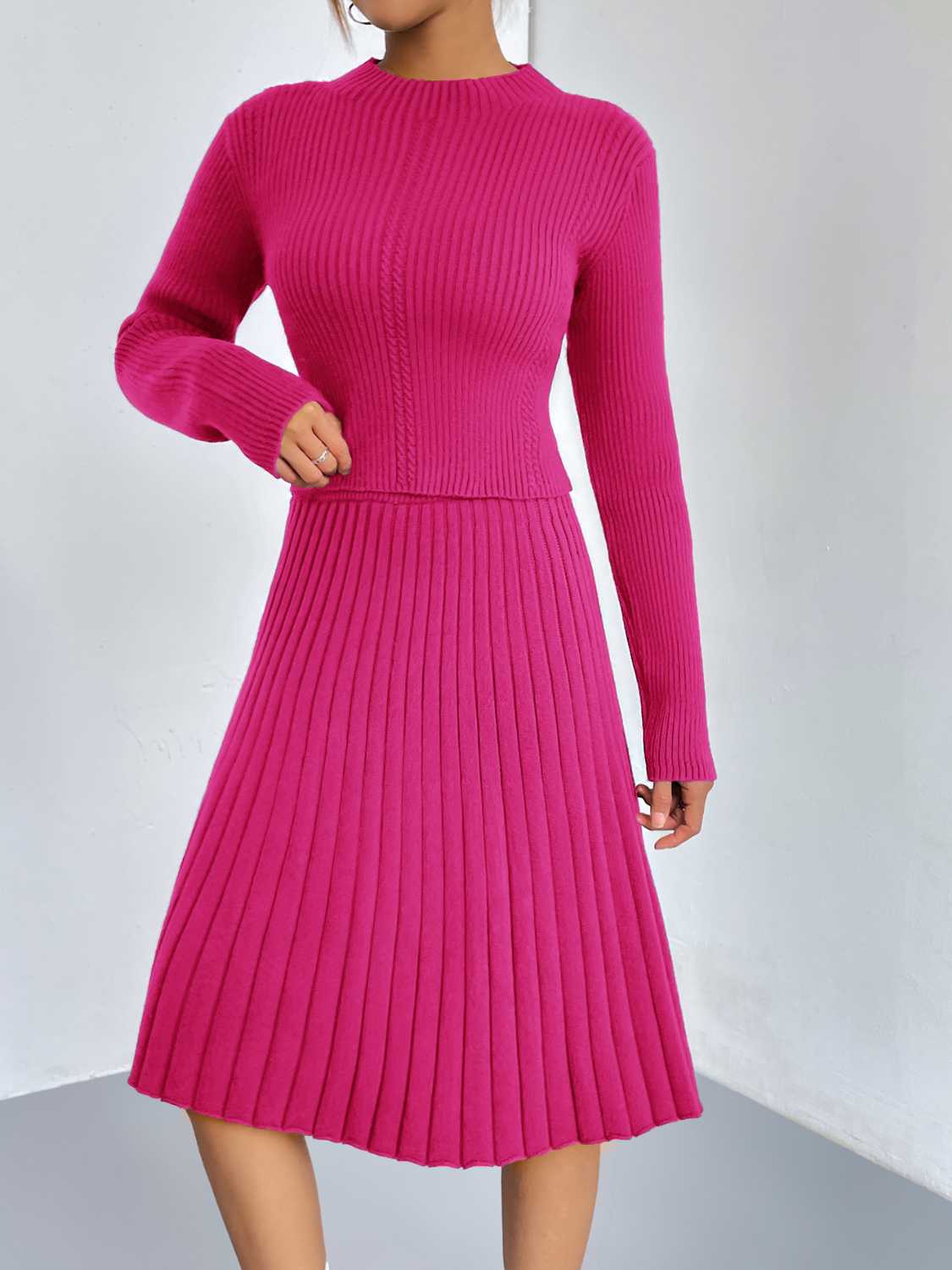 Hot Pink ribbed knit fit-and-flare co-ord with long sleeves and mock neck.