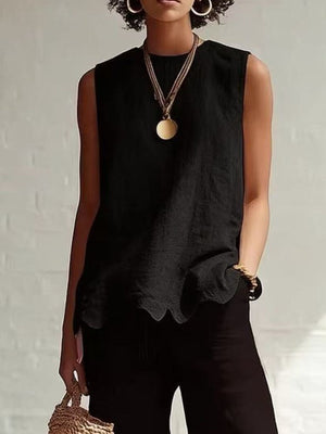 Black sleeveless tank top with scalloped hem detail.
