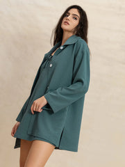 Textured French Blue mini dress and duster set with tie-front detail and button closure.