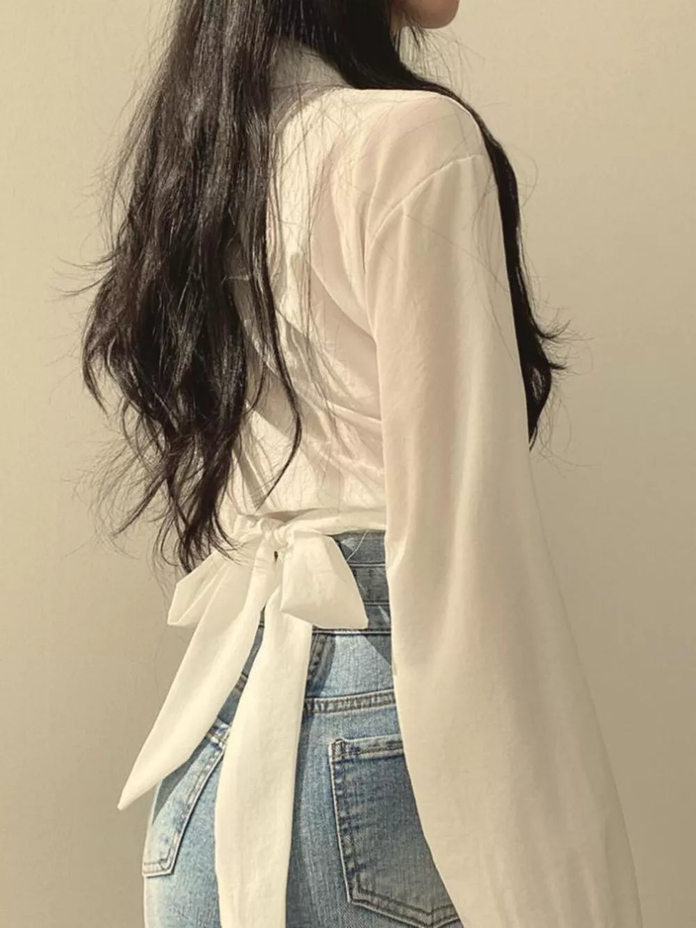 White long sleeve maternity shirt with tie back detail