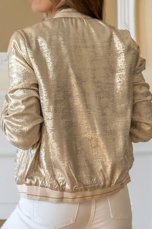 Metallic bomber jacket in tan with ribbed trim and a textured sheen.
