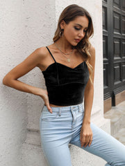 Black velvet bustier crop top with spaghetti straps and sweetheart neckline