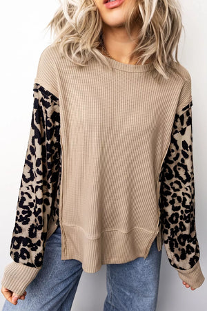 Leopard Sleeve Waffle Knit Top in Mocha, front view