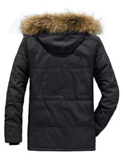 Men's black puffer coat with faux fur hood and horizontal quilting.