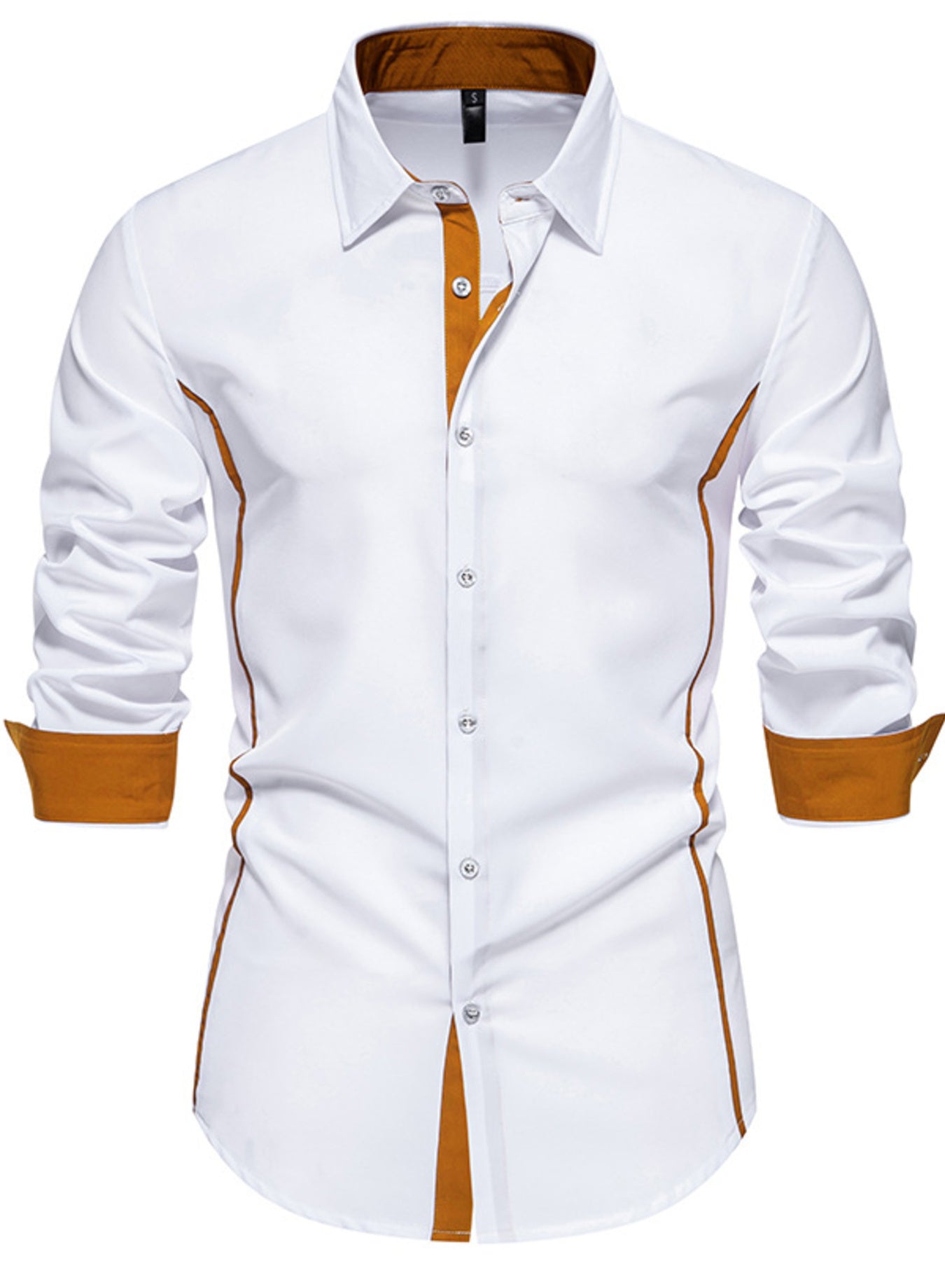 White button-down shirt with contrast trim and cuffs.