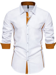 White button-down shirt with contrast trim and cuffs.
