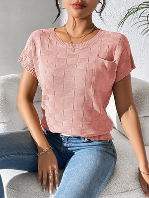 Textured knit pocket tee in Dusty Pink with short sleeves and crew neck.