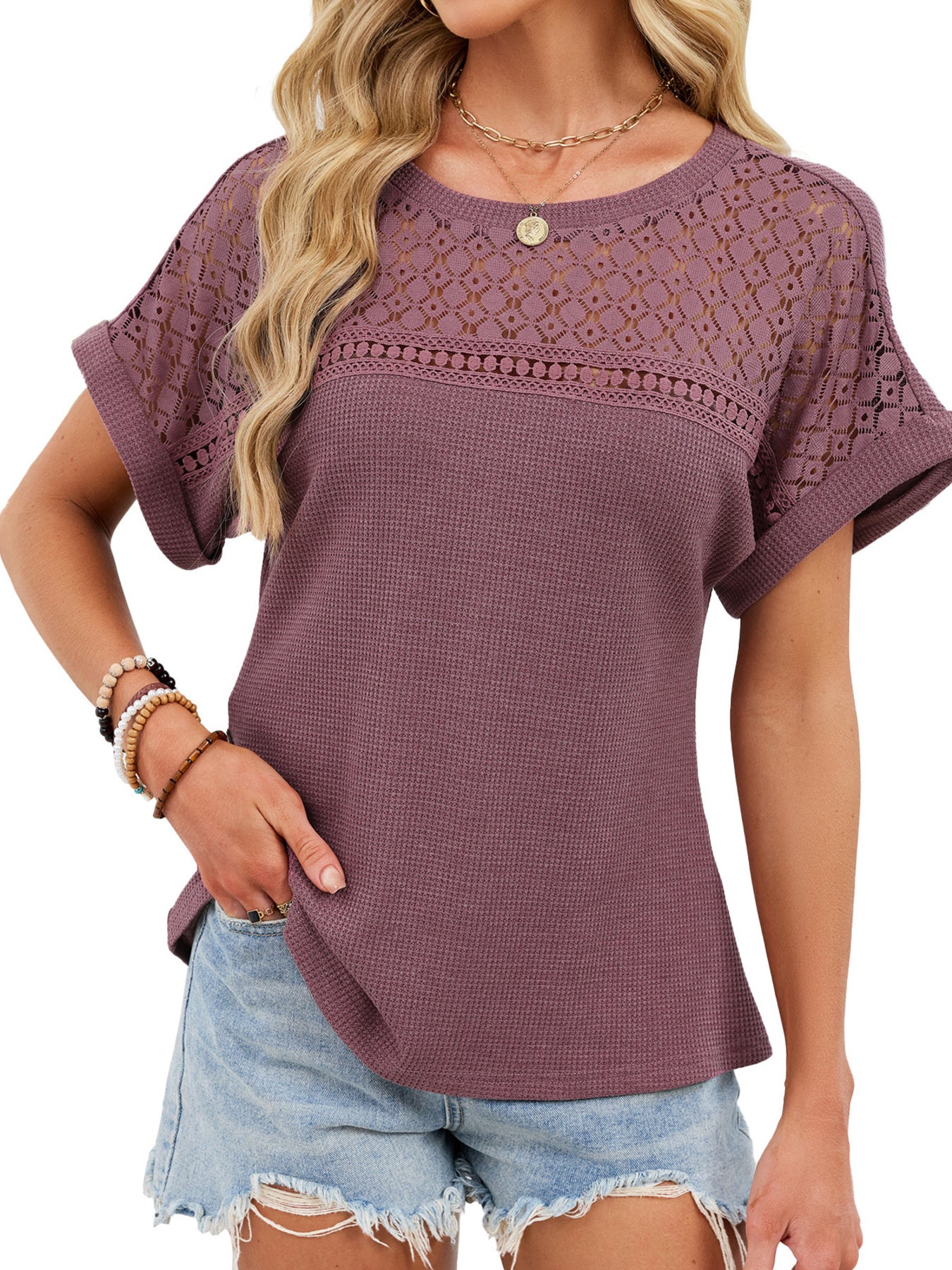 Waffle knit t-shirt in pink with eyelet detail on the yoke and sleeves.