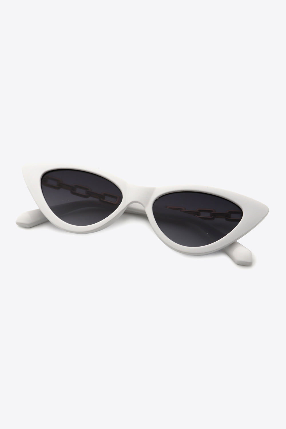 Chainlink cat-eye sunglasses with white frames and dark lenses.
