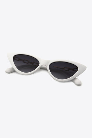 Chainlink cat-eye sunglasses with white frames and dark lenses.