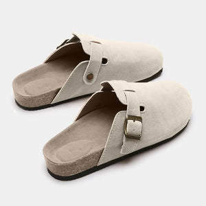 Beige suede clog slides with adjustable buckle and cork sole