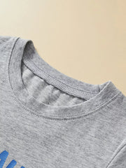Toddler boys' grey cotton crew neck t-shirt with blue graphic detail.