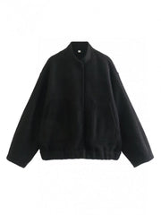Black bouclé cocoon jacket with snap closure and pockets