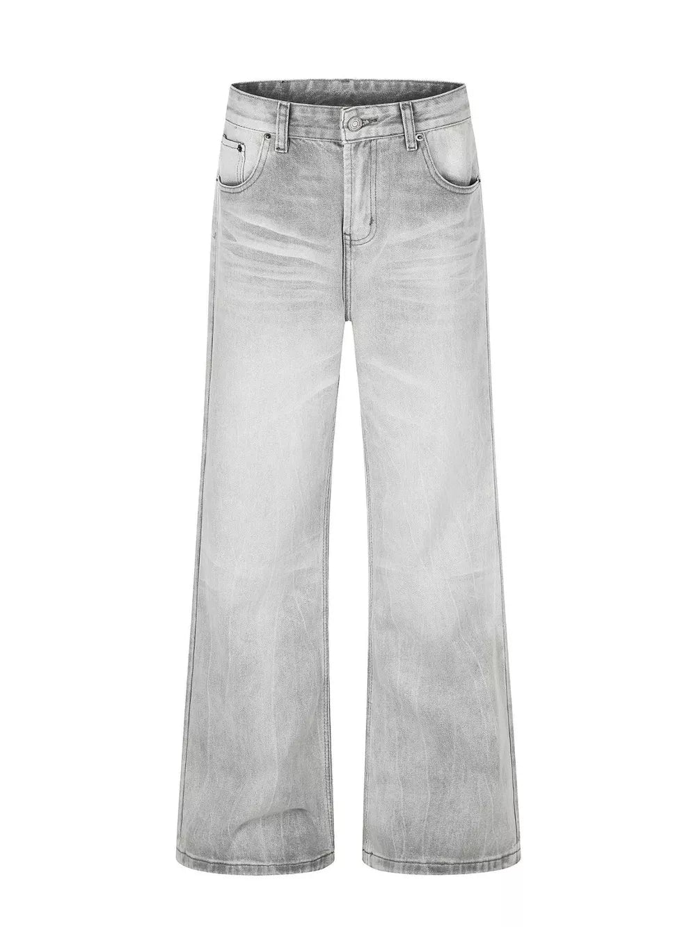 Men's gray vintage wash wide leg cotton jeans with a faded look.