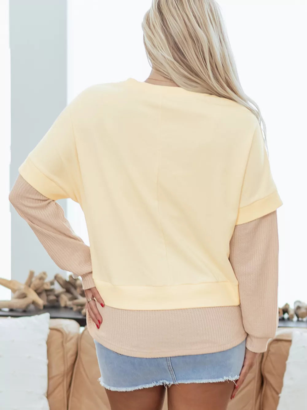 2 In 1 Faux Two Piece Patchwork Sweatshirt in Beige, side view
