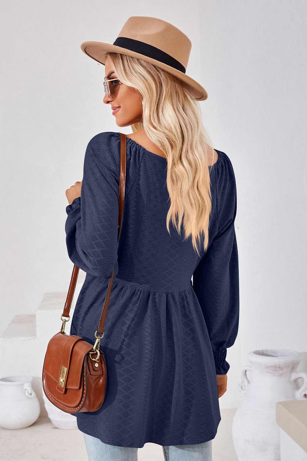 Dark Blue Textured Babydoll Blouse with smocked cuffs and square neckline.