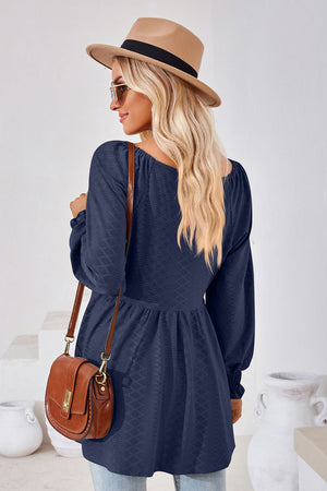 Dark Blue Textured Babydoll Blouse with smocked cuffs and square neckline.