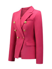 Hot pink double-breasted blazer with gold buttons and notched collar.