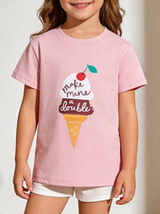 Toddler blush pink crew neck t-shirt with a playful double ice cream cone graphic and text.