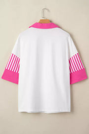 White polyester polo shirt with pink striped sleeves and collar.