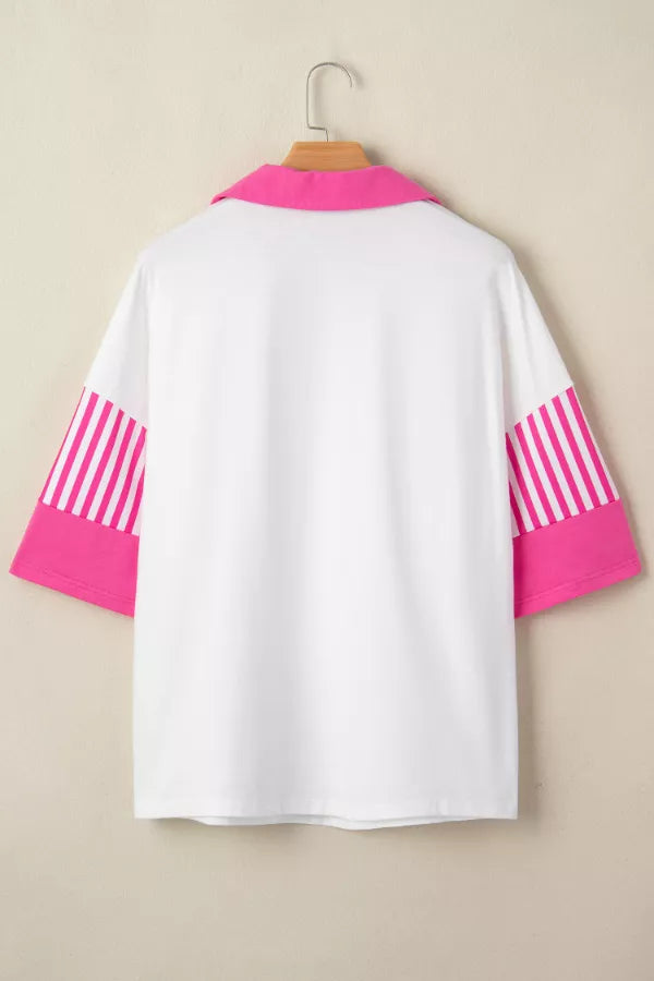 White polyester polo shirt with pink striped sleeves and collar.