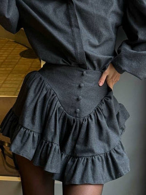 Dark gray plaid puff sleeve set with ruffled hem skirt and button detail